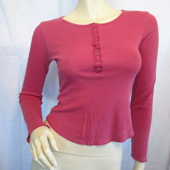 Y2K Vintage Express Pink Long Sleeve Henley Top Preppy Indie Sleaze Layering Tee - Picture 3 of 16